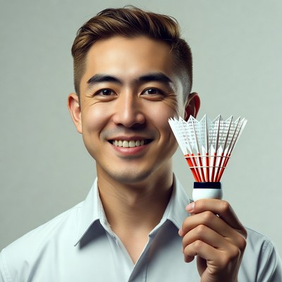 Asian man holding badminton shuttlecock