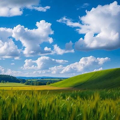 Green rolling hills with wheat field