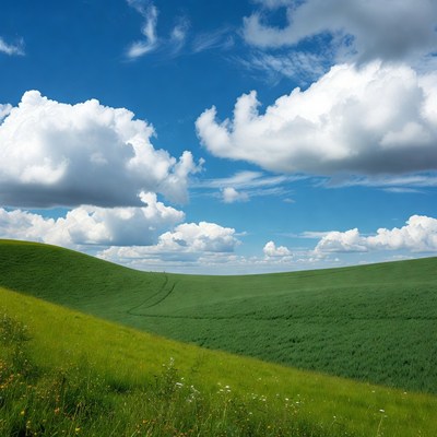 Green rolling hills under blue sky