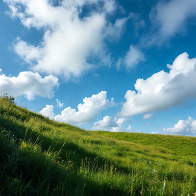Green rolling hills under blue sky