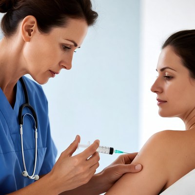 Nurse administering injection to woman