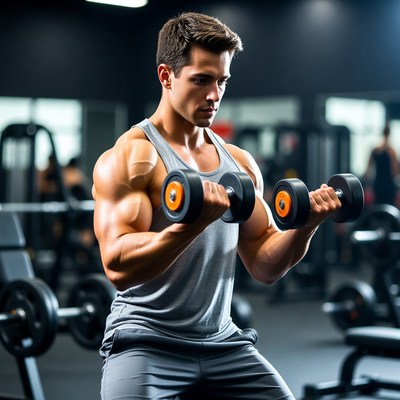 Muscular man lifting dumbbells in gym