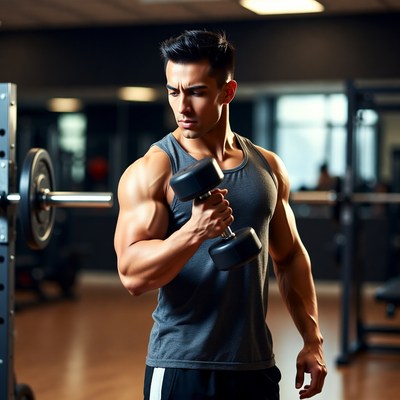 Muscular man lifting dumbbell in gym