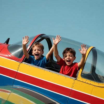 Two boys waving from colorful airplane