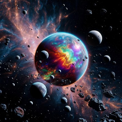 Vibrant Nebula Planet with Asteroids