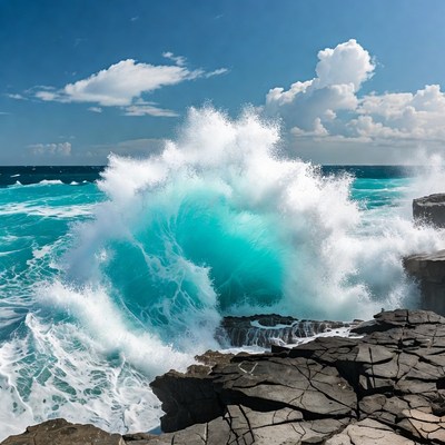 Massive turquoise wave crashing on rocks