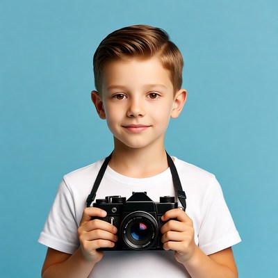 Boy holding vintage camera