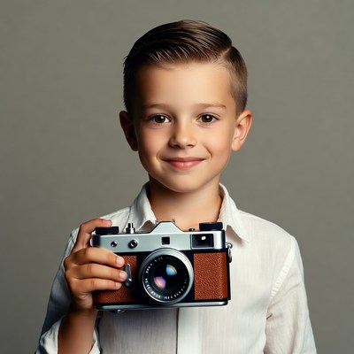Boy holding vintage camera