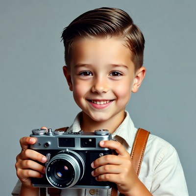 Boy holding vintage camera