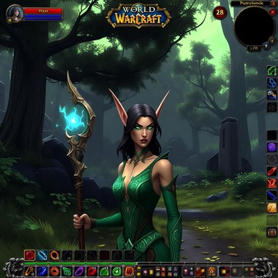 Night Elf Female Holding Staff in Forest