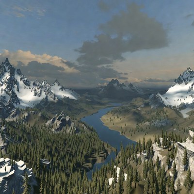 Snowy Mountains with River Valley