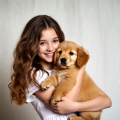 Girl holding golden retriever puppy