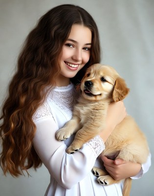 Girl holding golden retriever puppy