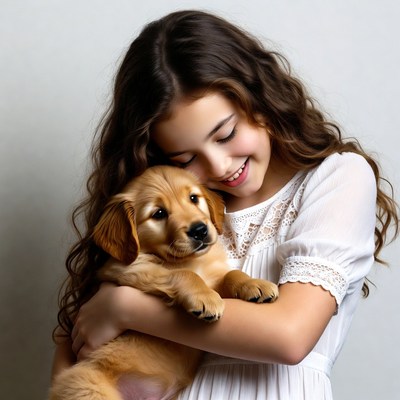 Girl hugging golden retriever puppy