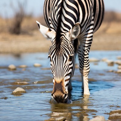 Zebra drinking from water
