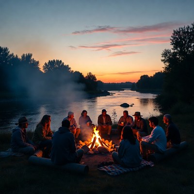 Group sitting around campfire by river
