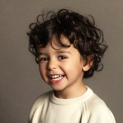 Curly-haired boy smiling happily
