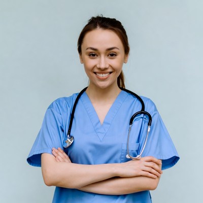 Asian nurse with stethoscope smiling