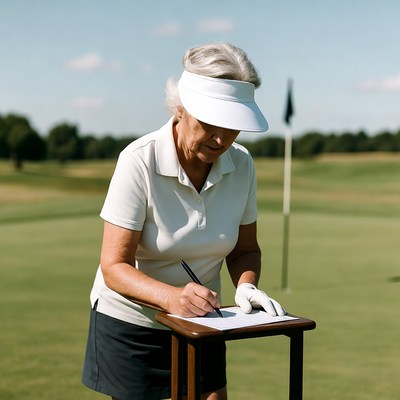 Elderly woman signing golf scorecard