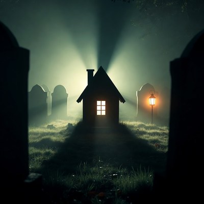 Small house glowing in foggy graveyard
