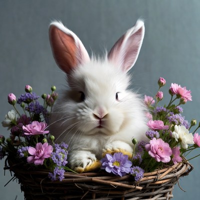 White bunny in flower basket