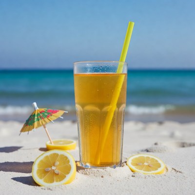 Iced Lemonade with Straw on Beach