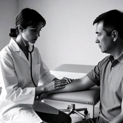 Female doctor checking male patient's pulse