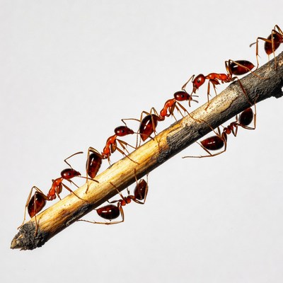 Red ants crawling on branch