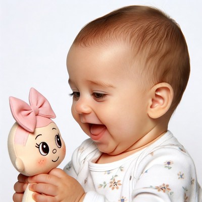 Baby girl holding smiling doll
