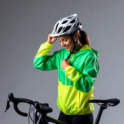 Woman adjusting helmet by bike