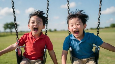Twin Asian boys laughing on swings