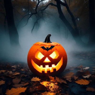 Jack-o'-lantern in foggy Halloween forest
