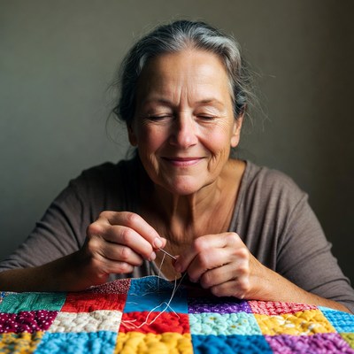 Elderly woman sewing colorful quilt