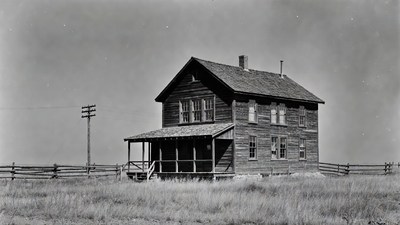 Abandoned wooden farmhouse in field