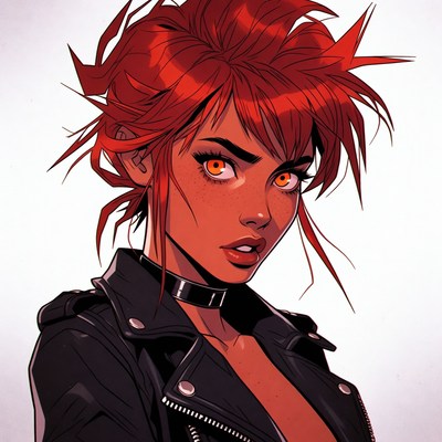 Red-haired woman in leather jacket