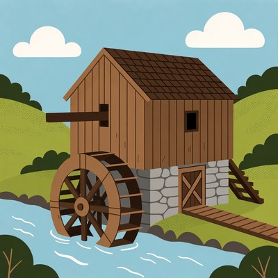 Water Wheel Mill by River