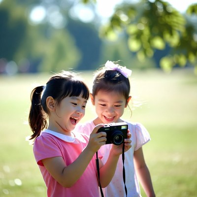 Asian girls holding camera outdoors