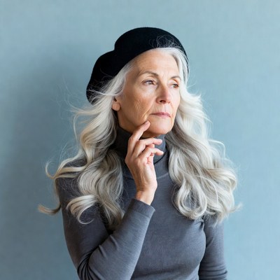 Elderly woman with beret chin touch