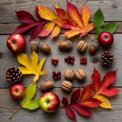 Autumn Leaves Acorns Apples Flat Lay