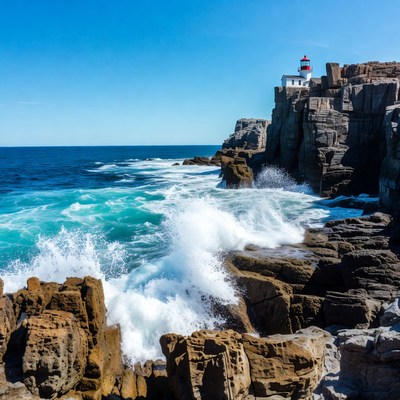 Red Lighthouse on Rocky Ocean Cliff