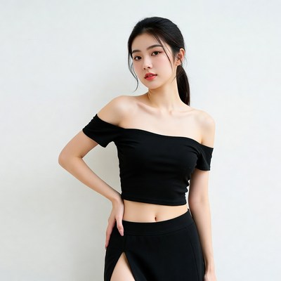 Asian woman in black off-shoulder top