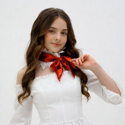 Girl in white lace dress with red bow