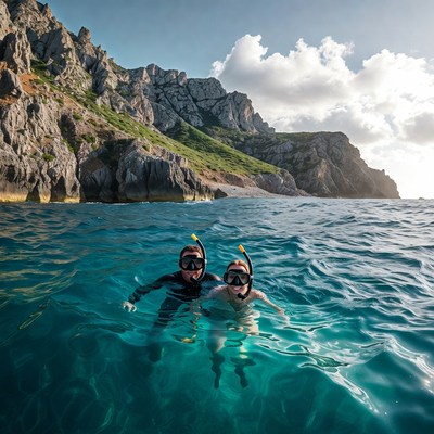 Couple snorkeling in clear ocean water