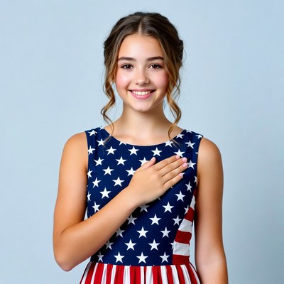 Girl pledging allegiance in American flag dress