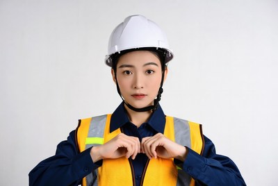 Asian woman in hard hat and vest
