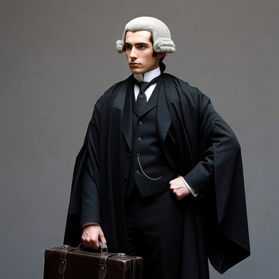Man in judge wig holding briefcase