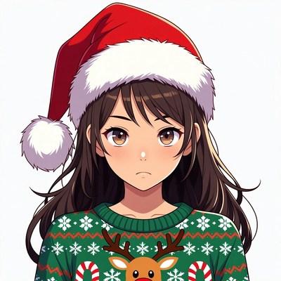 Anime girl in Santa hat and sweater