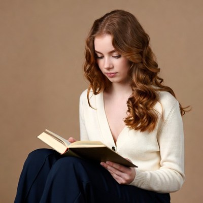 Redhead woman reading book