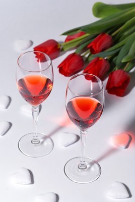 Two red wine glasses with tulips