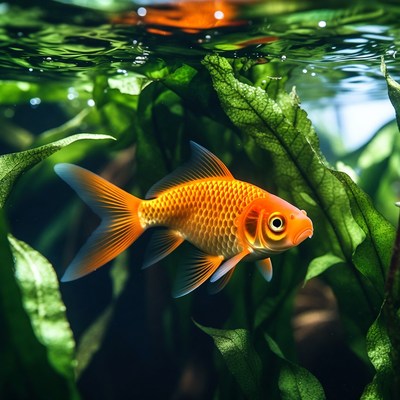 Goldfish swimming among aquarium plants